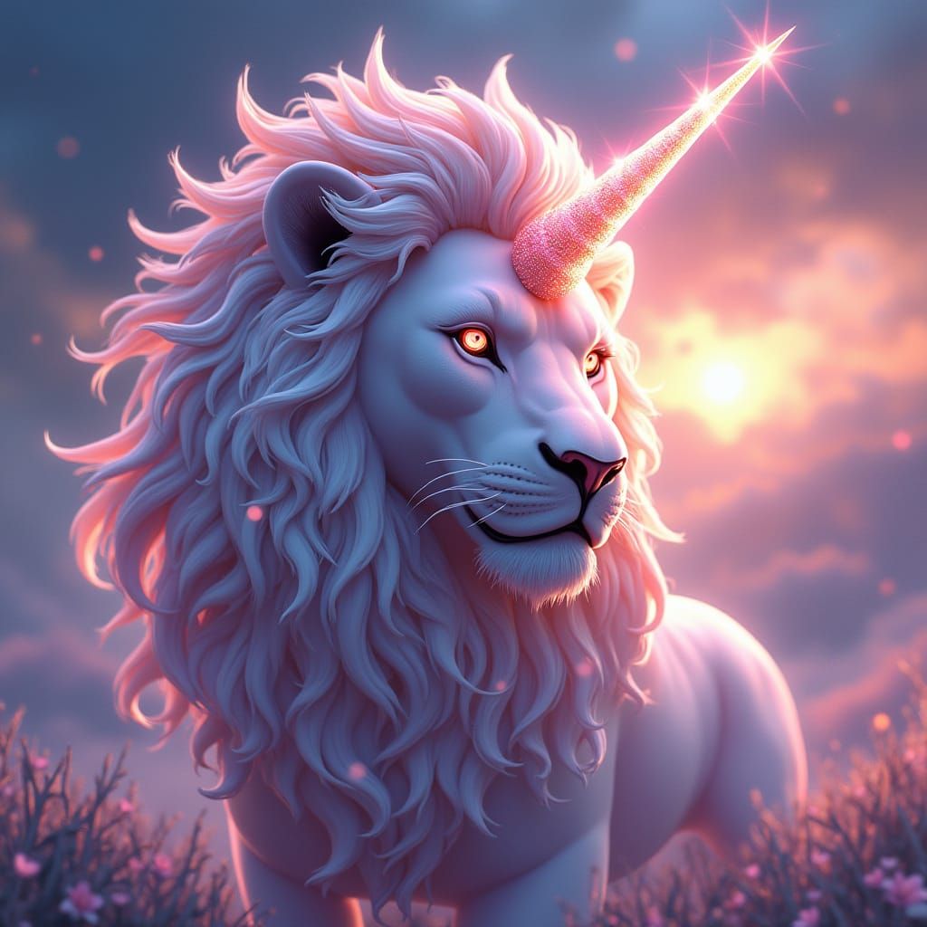 Majestic Lion with Unicorn Horn in 3D Anime Style