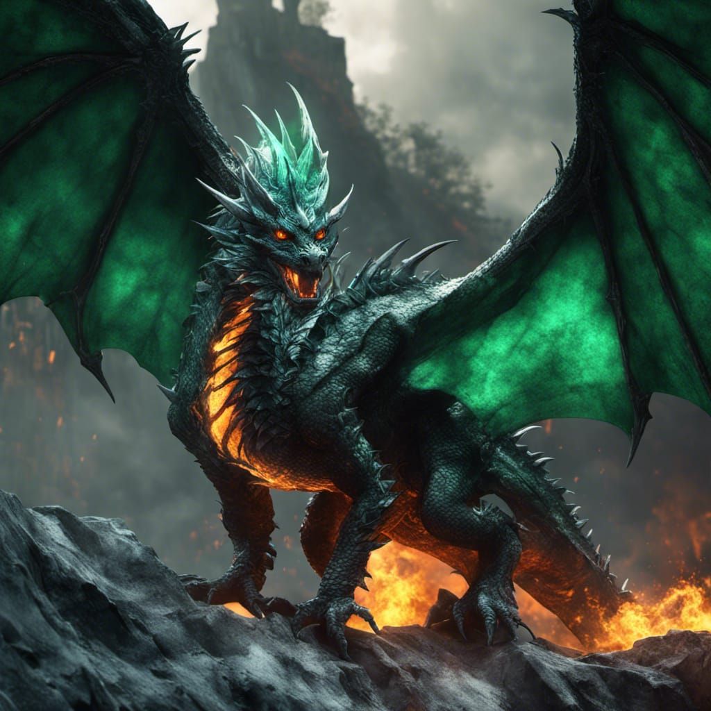 Crystal Dragon with Emerald Fire, Detailed Matte Painting