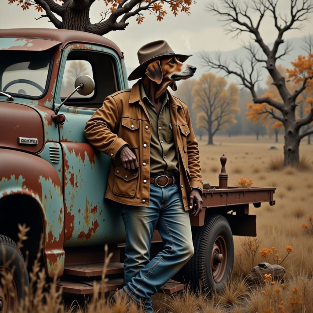 Anthropomorphic Beagle Leans on Rusty 1954 Truck