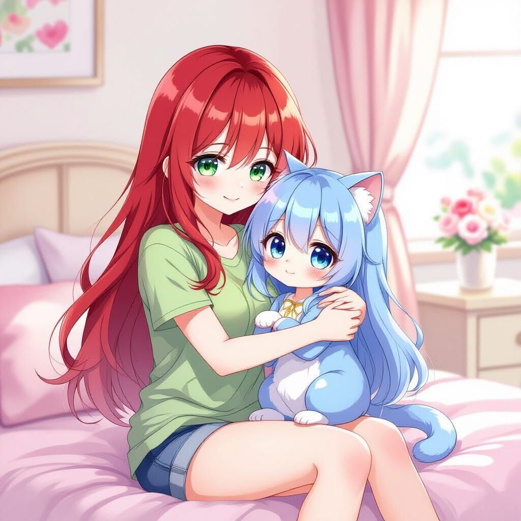 Watercolor Anime: Woman with Cat-Girl Doll