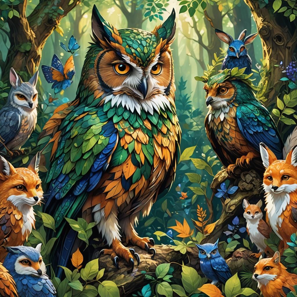 Magical Forest Creatures in Art Nouveau Style