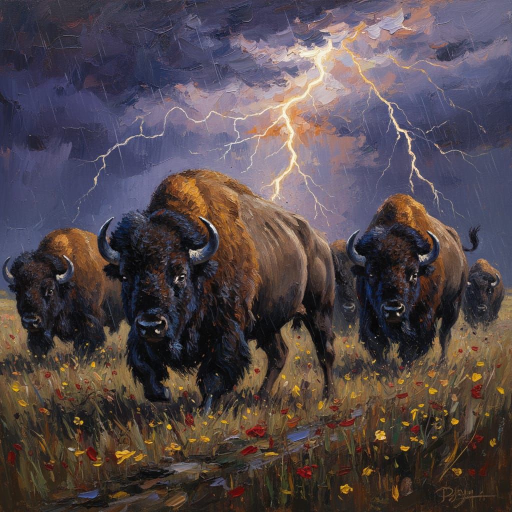 Buffalo Stampede in Electric Storm Oil Painting