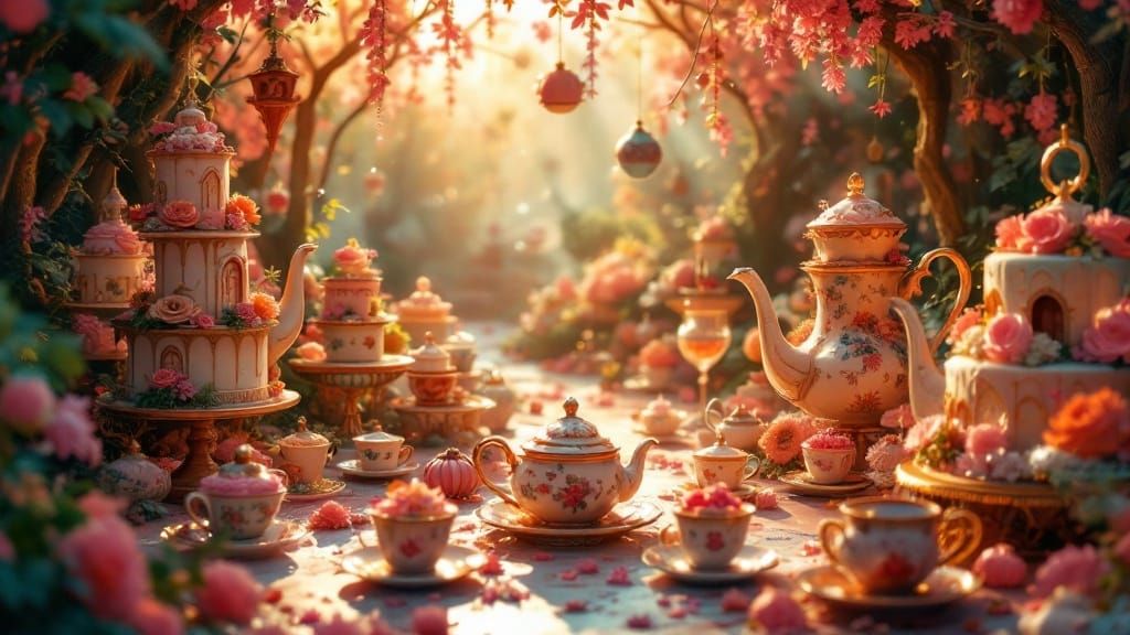 Whimsical Fantasy Realm with Pastel Cakes and Teapots