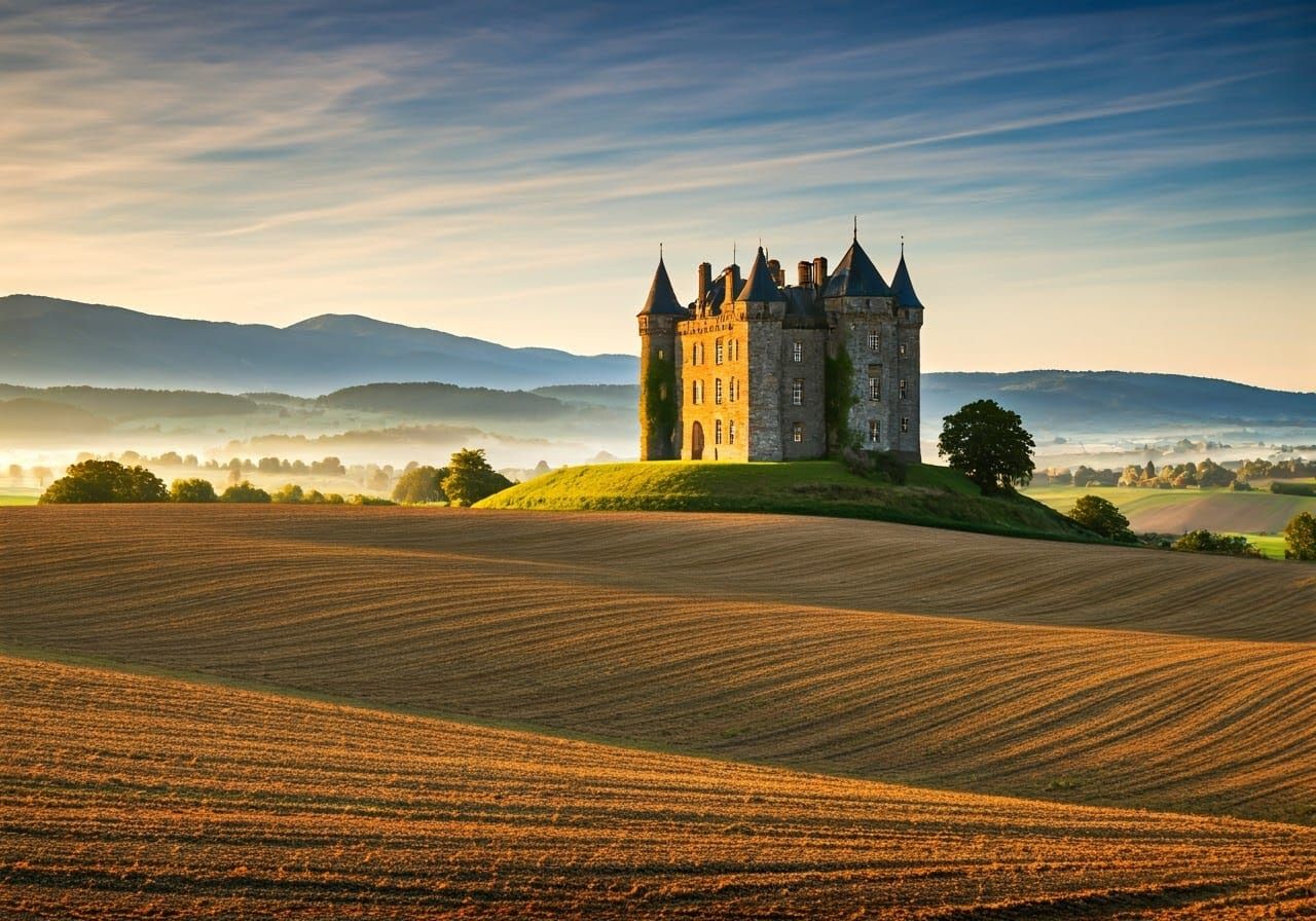 Castle in Quilted Patchwork Landscape