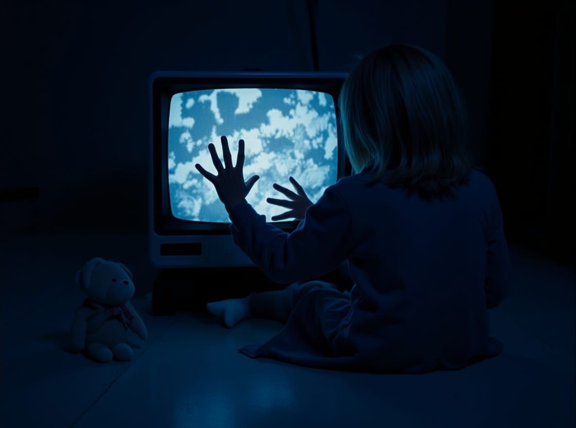 Eerie Film Still of Girl Watching TV Static