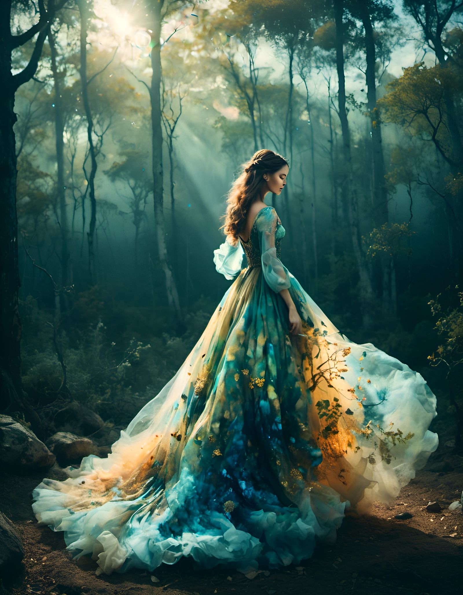 Mysterious Woman in Forest with Double Exposure