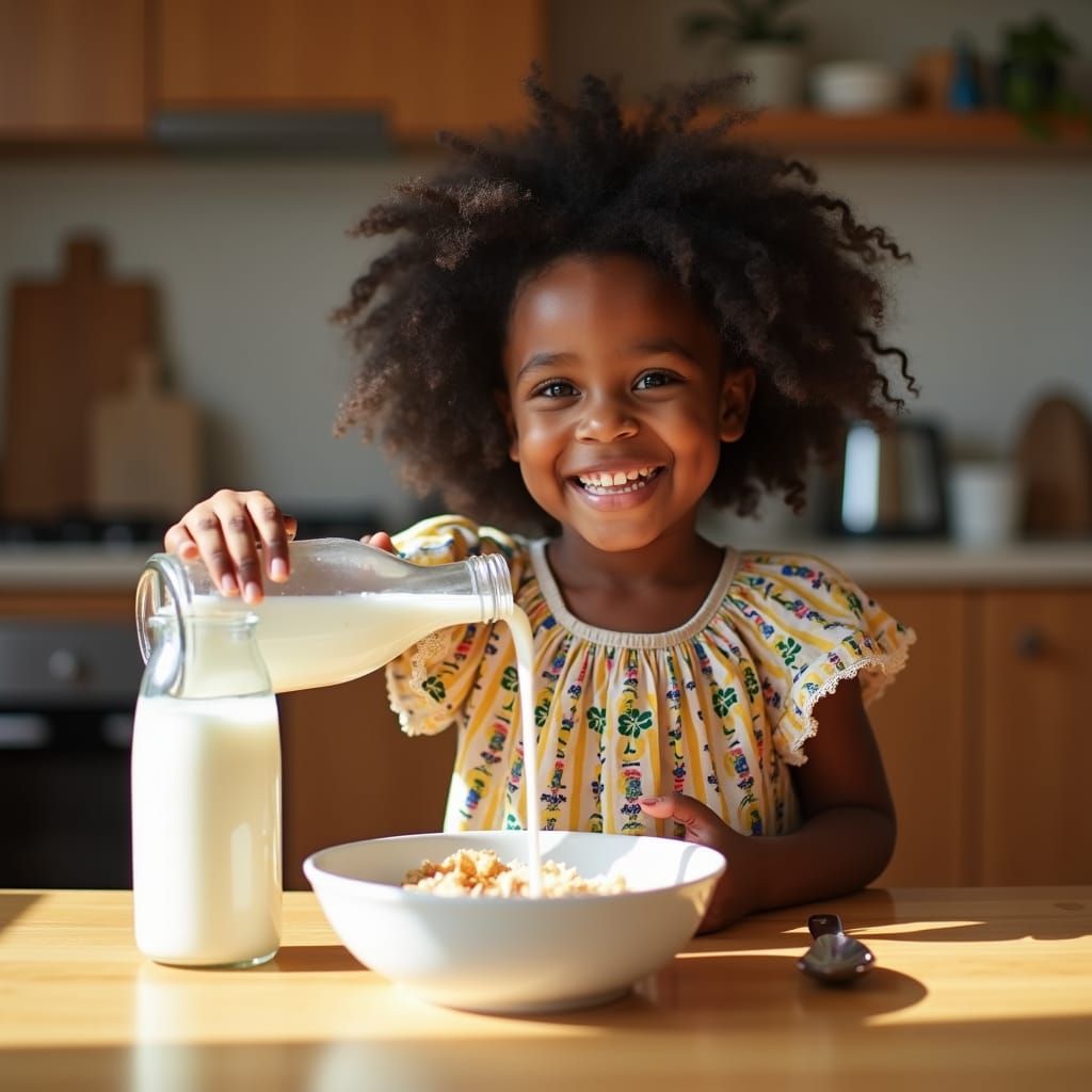 Joyful Girl Pours Milk: Portrait Photography Style