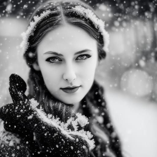 Grayscale Edwardian Portrait of Victorian Woman in Snow