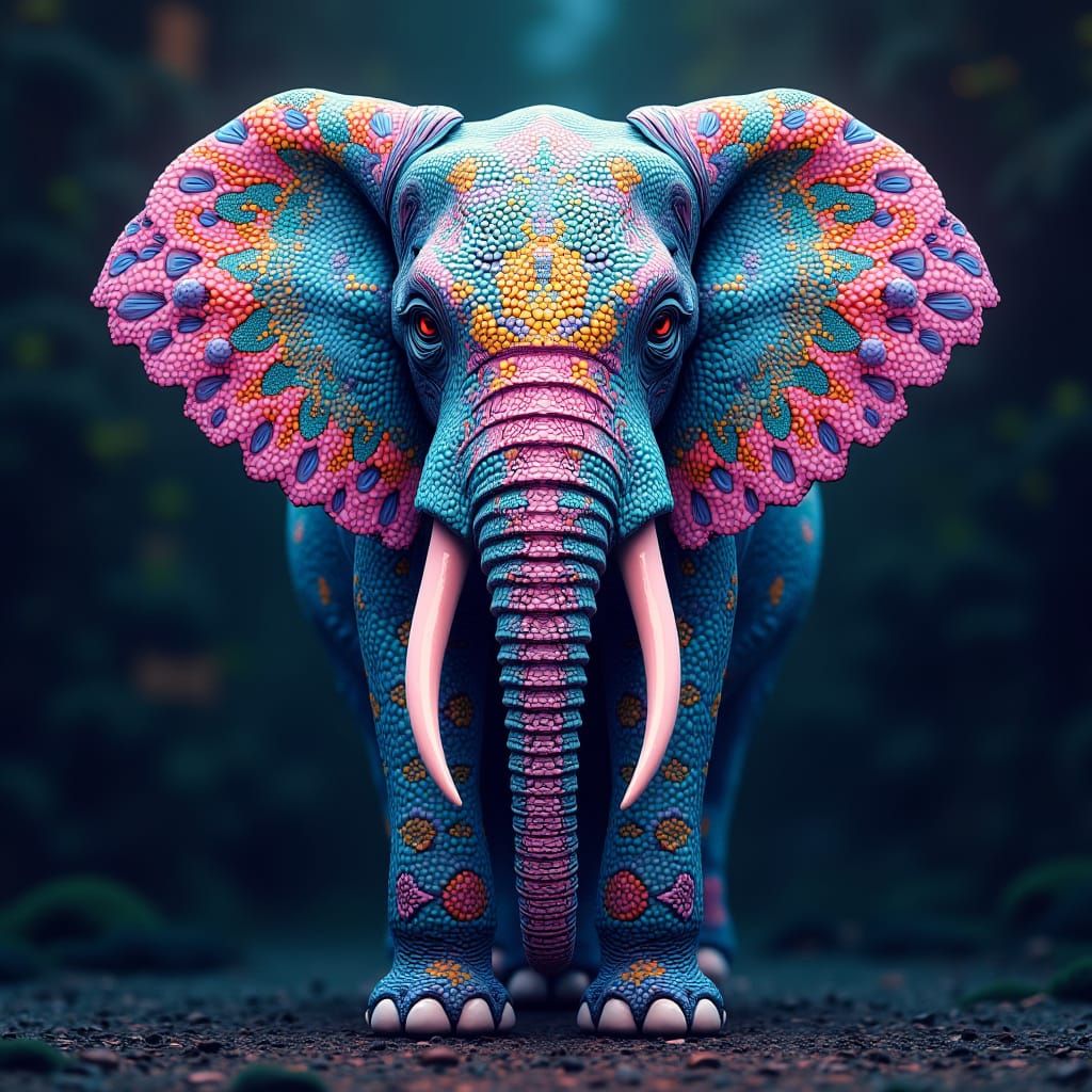 Vibrant Psychedelic Elephant in a Fantastical Concept Art St...