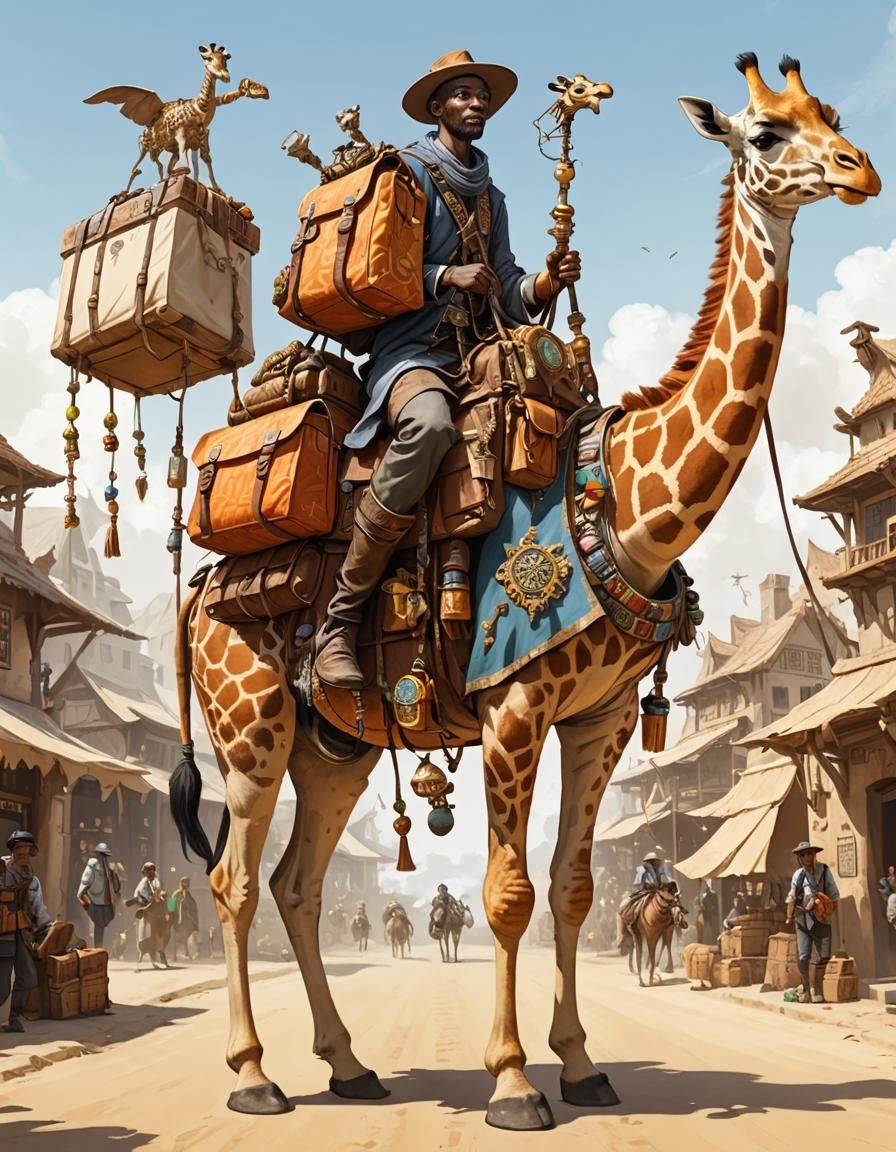 Surreal Traveling Merchant Rides Incredible Fantasy Giraffe