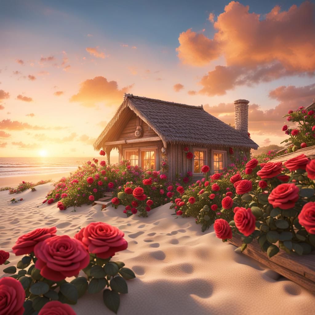 Beach Cottage with Roses in Golden Light