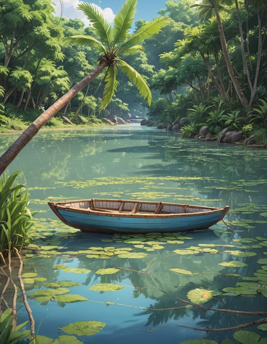 Wooden Boat on River in 3D Anime Style