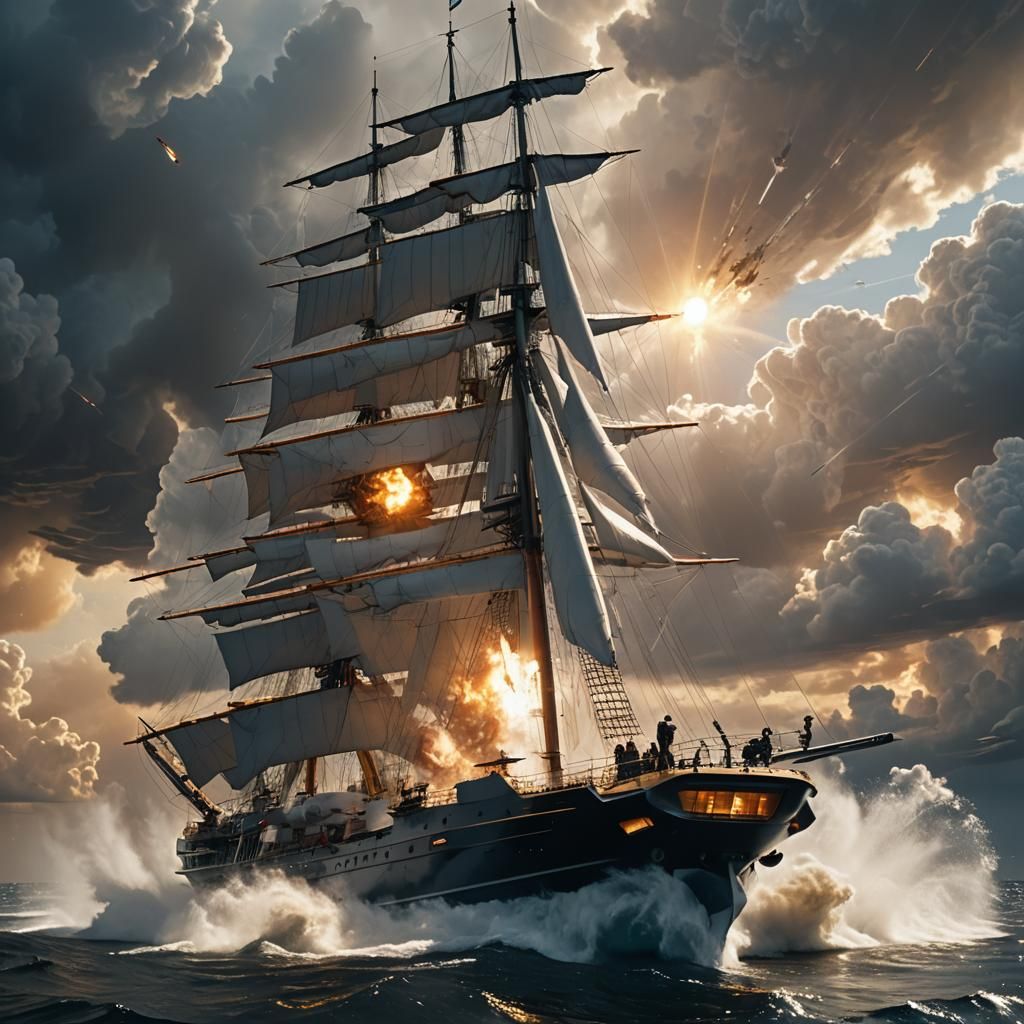 Futuristic Sailing Ship Fires Laser at F-16