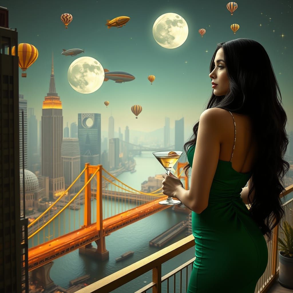 Elegant Woman on Rooftop Overlooking Golden Bridge