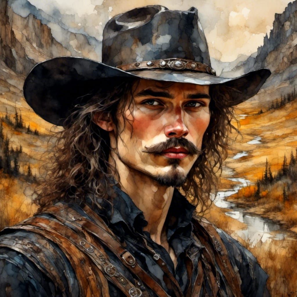 Slavic Cowboy Portrait in Neurographic Ink Style