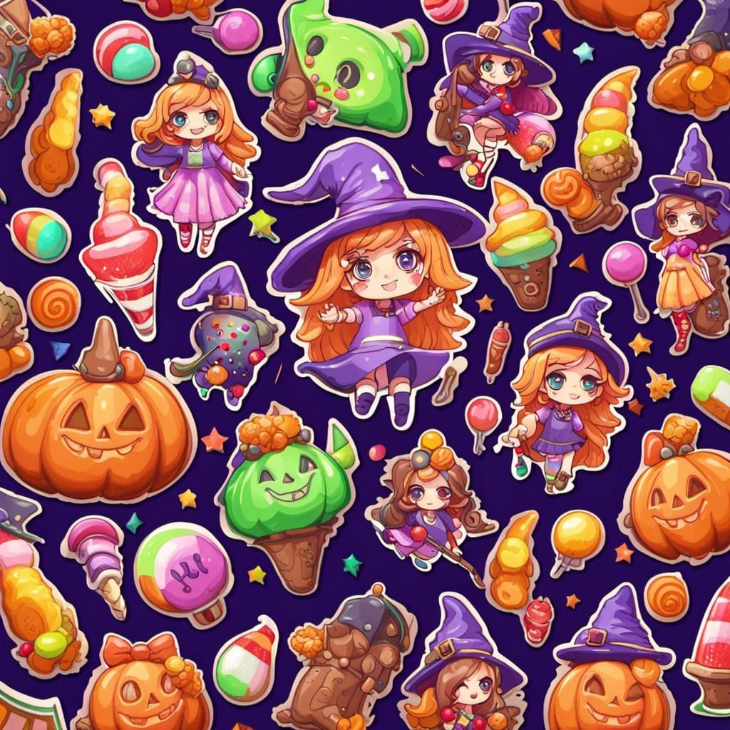 Kawaii Halloween Witch Candy Art Stickers