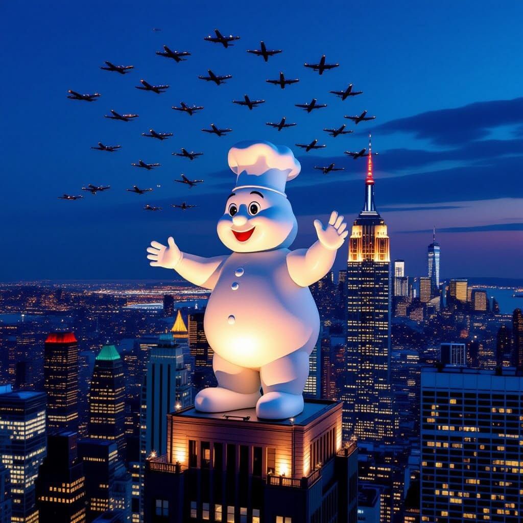 Giant Pillsbury Doughboy Battles Aircraft Above NYC Skyline