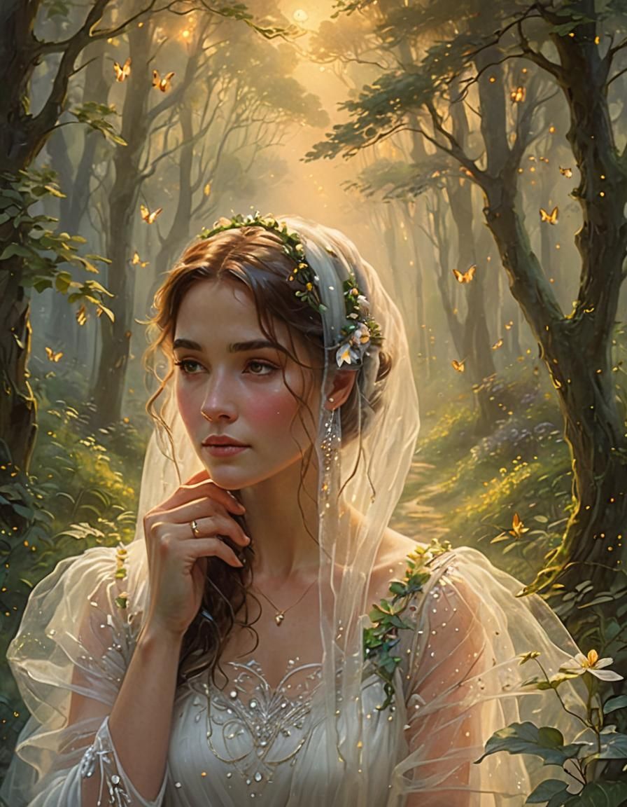 Woman in Misty Forest Path, Kinkade Style