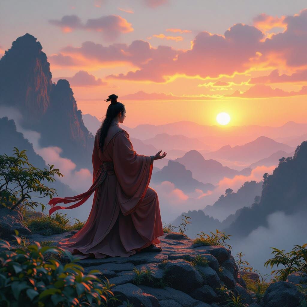 Tao Master Meditating on Mountaintop at Sunset