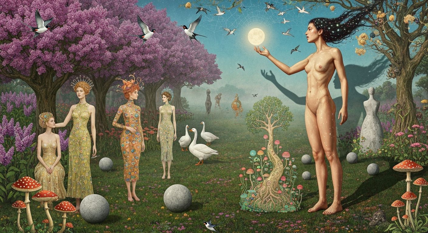 Goddess of Living World Amidst Cosmic Surreal Garden