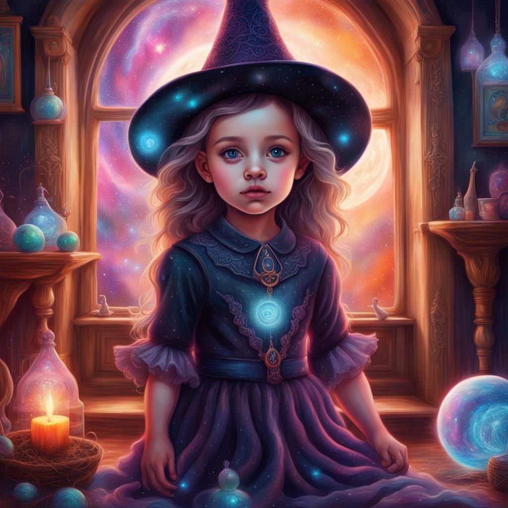 Baby Witch in Magical Home: Cosmic Illustration