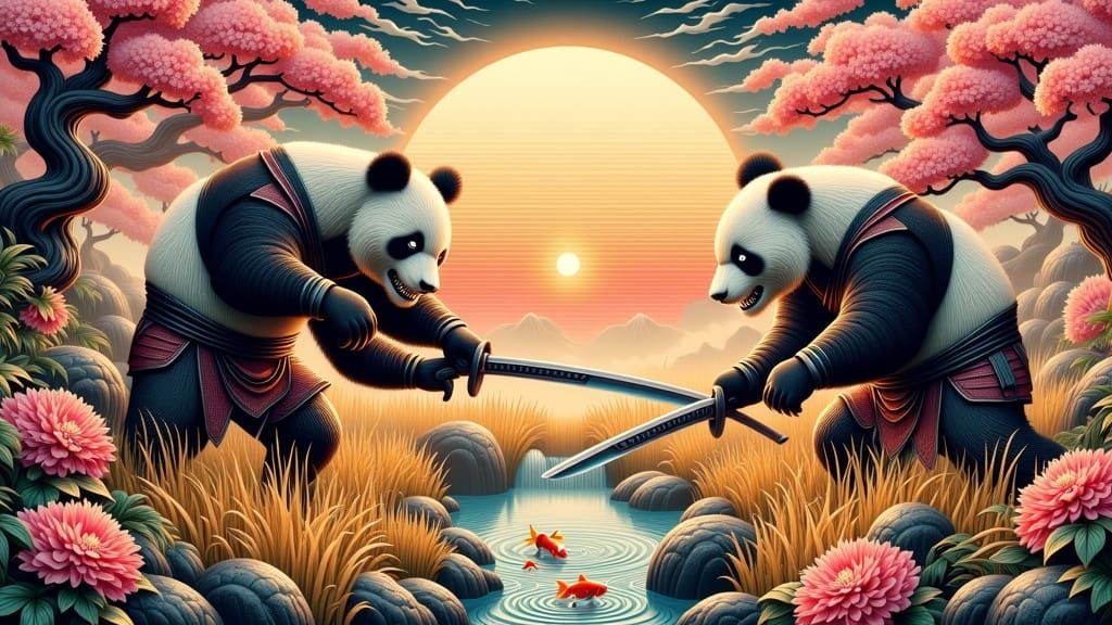 Panda Ninjas Duel in Japanese Garden Sunset