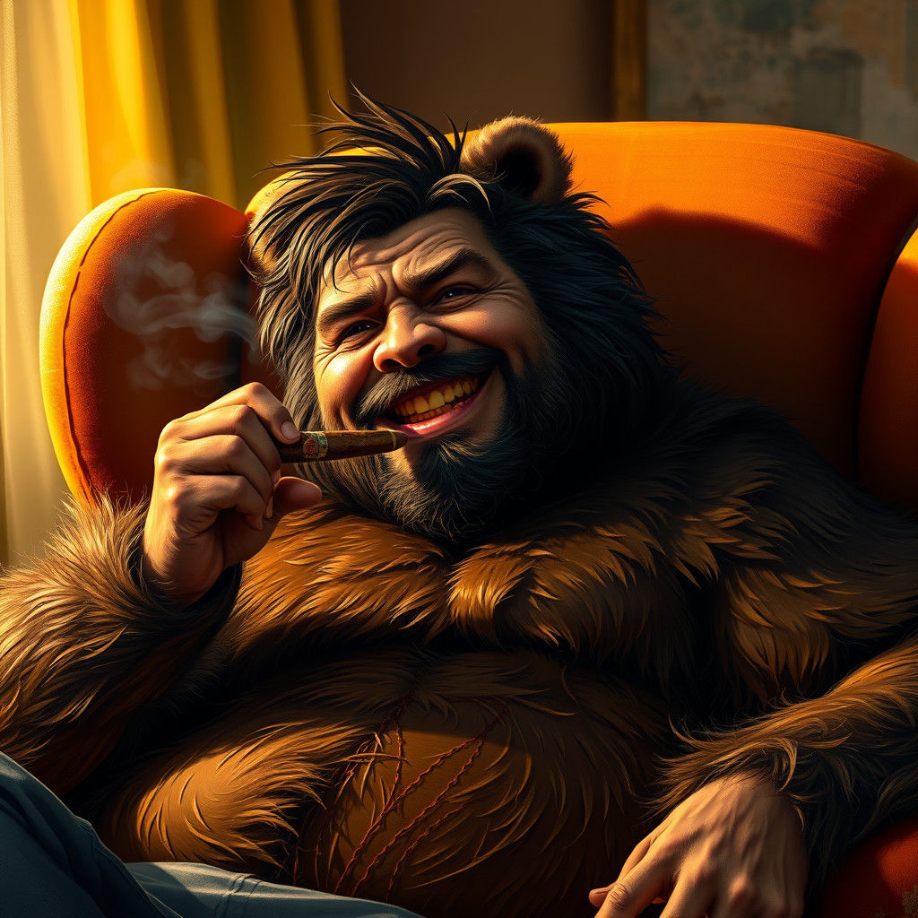Content Bear-Like Man Smoking Cigar in Warm Light