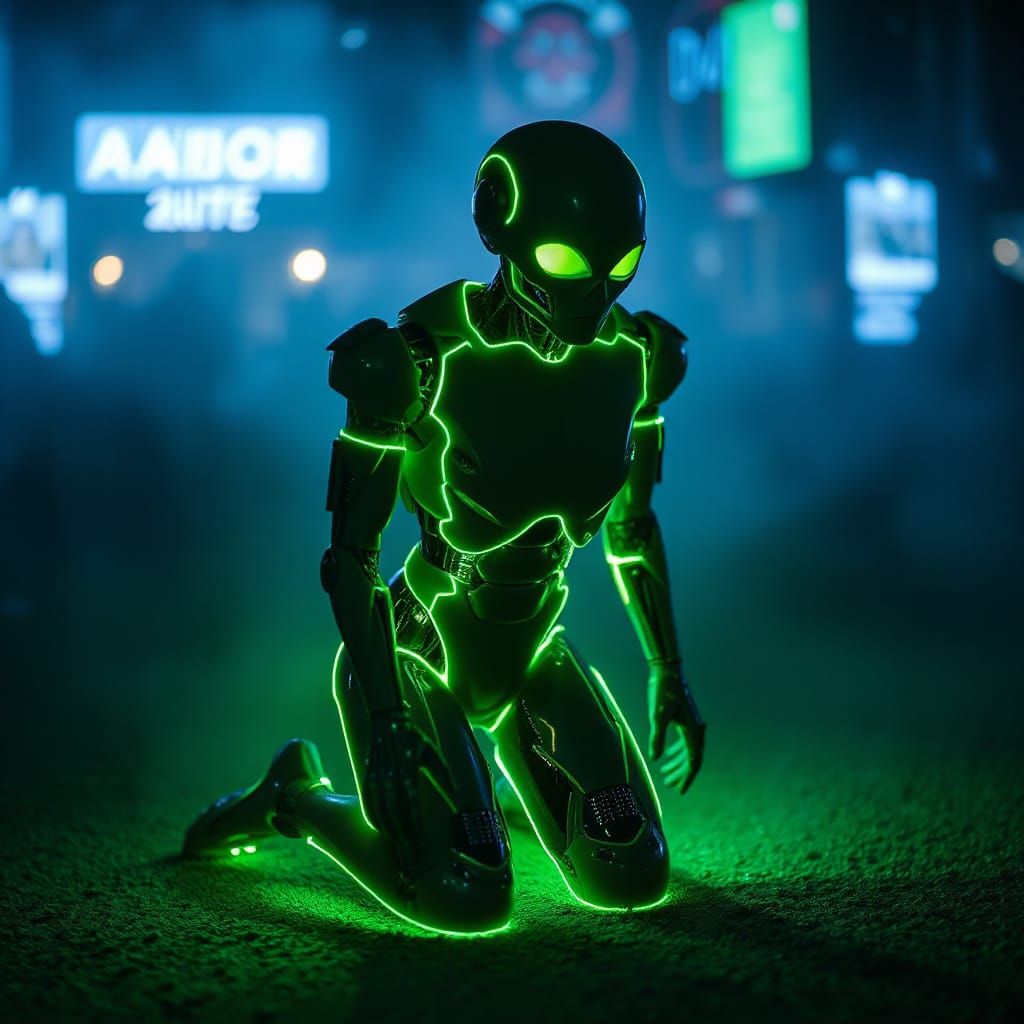 Android Pin-up in Bioluminescent Green Glow
