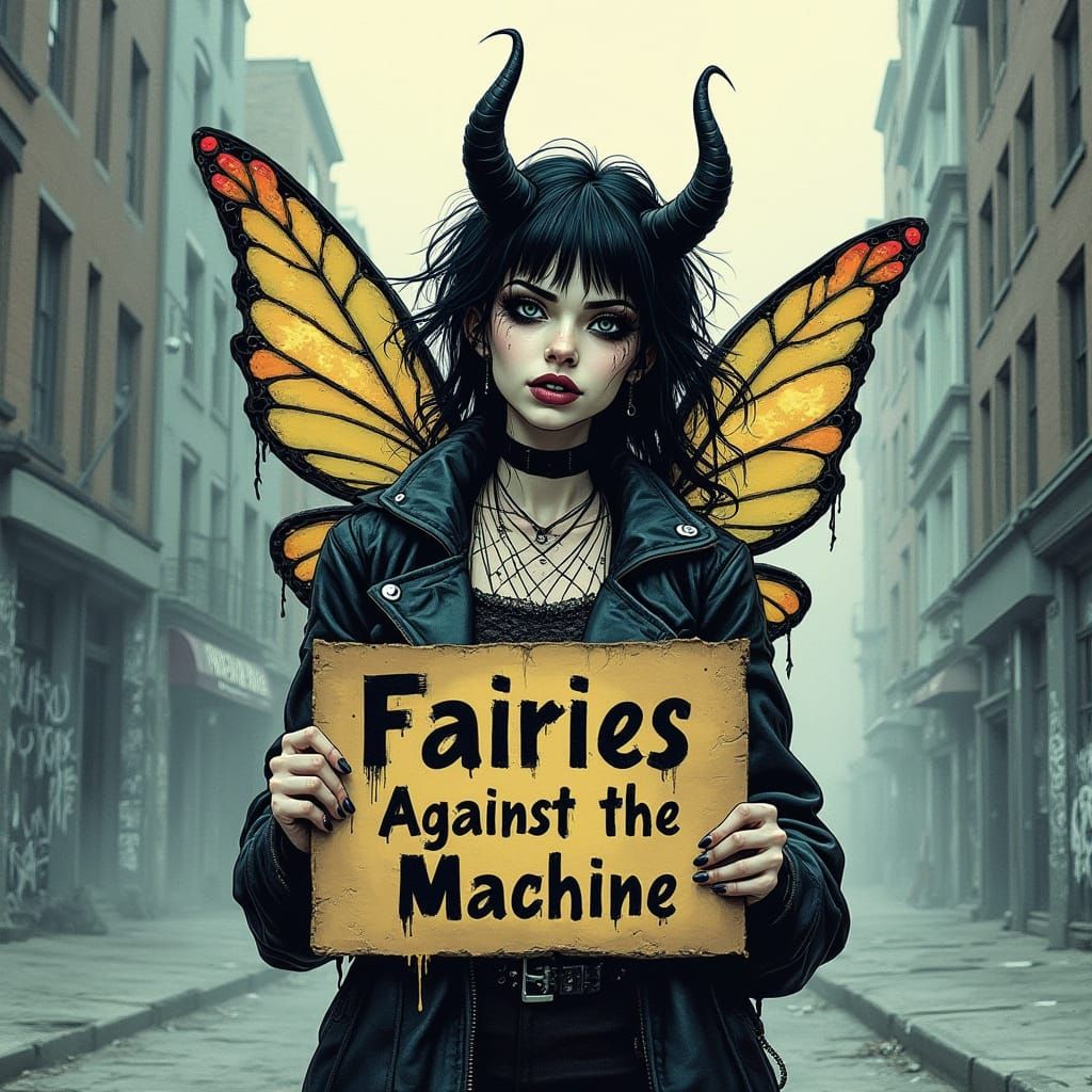 Goth-Punk Fairy Godmother Holds Protest Sign in Urban Decay