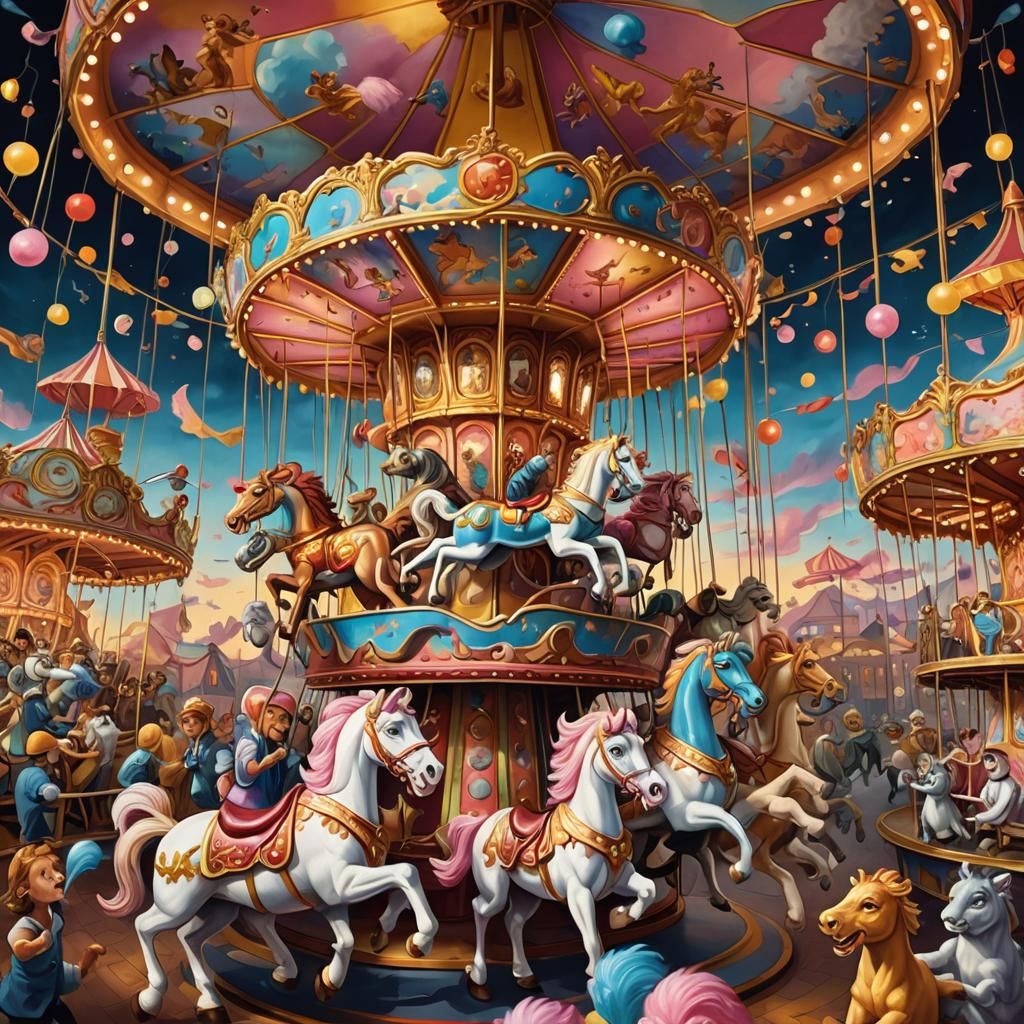 Carousel Animals Escape with Children: Fantasy Art