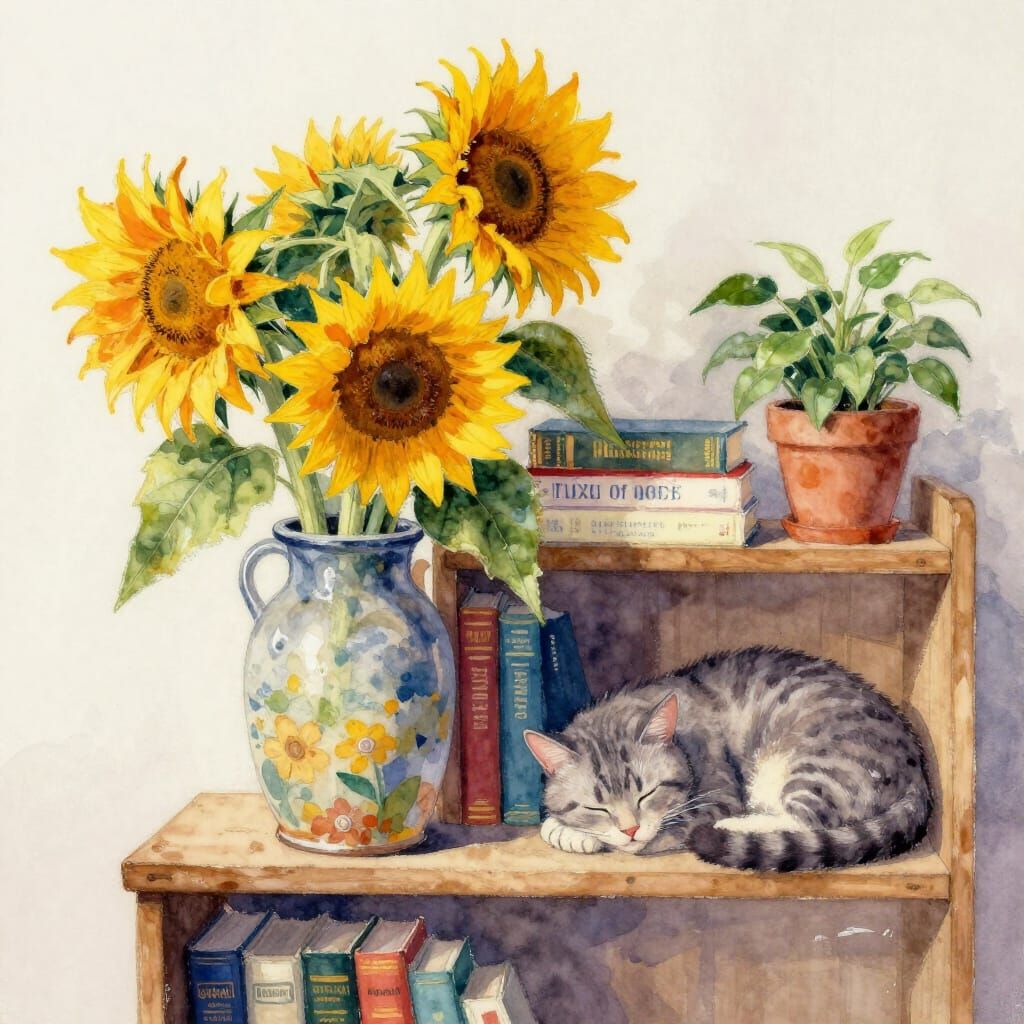 Watercolor Sunflowers on Bookshelf with Sleeping Cat