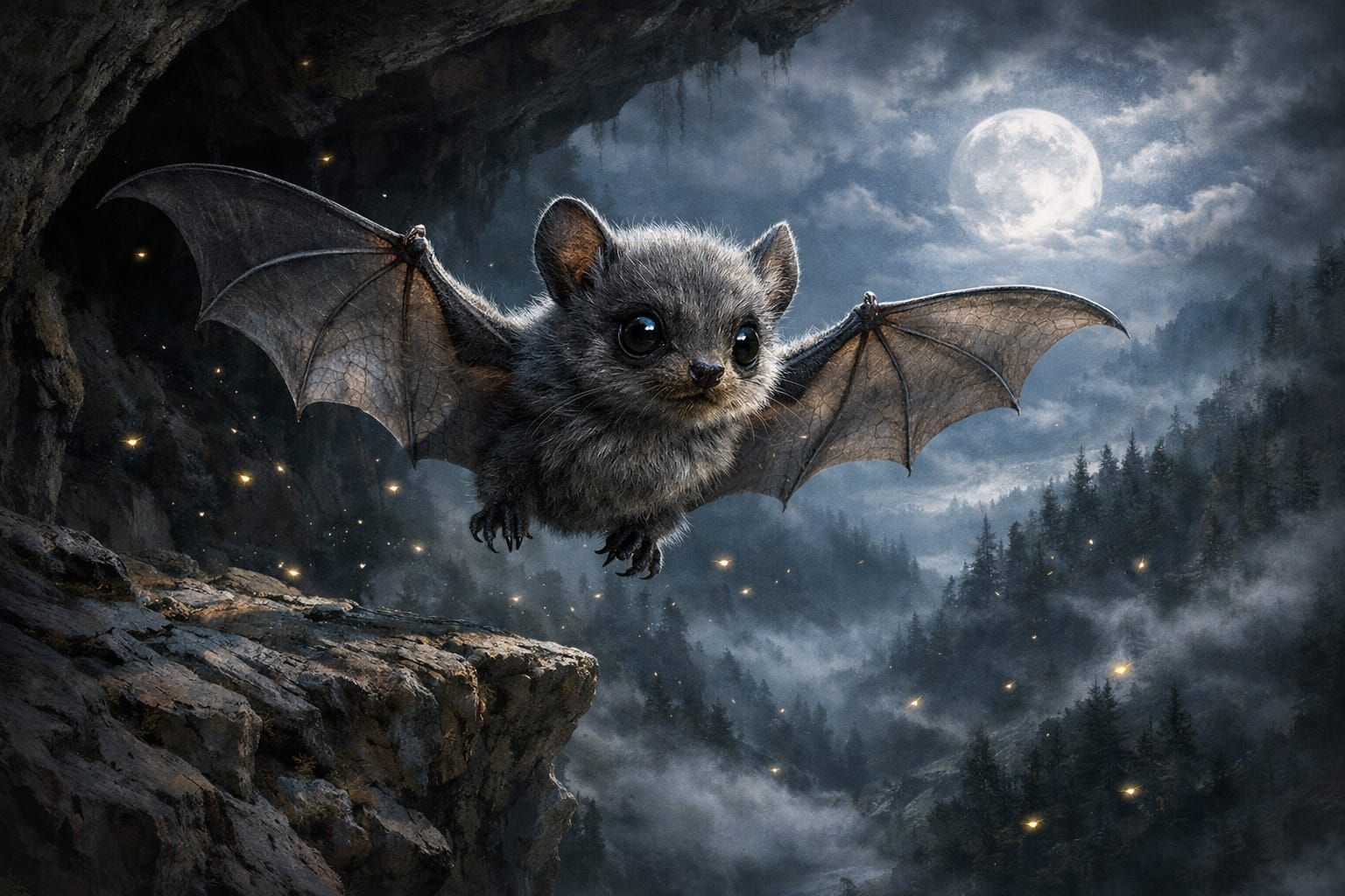 Baby Bat's First Flight in Ethereal Moonlight