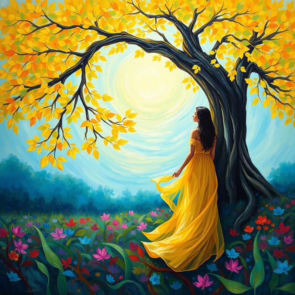 Woman Under a Golden Tree in Whimsical Art