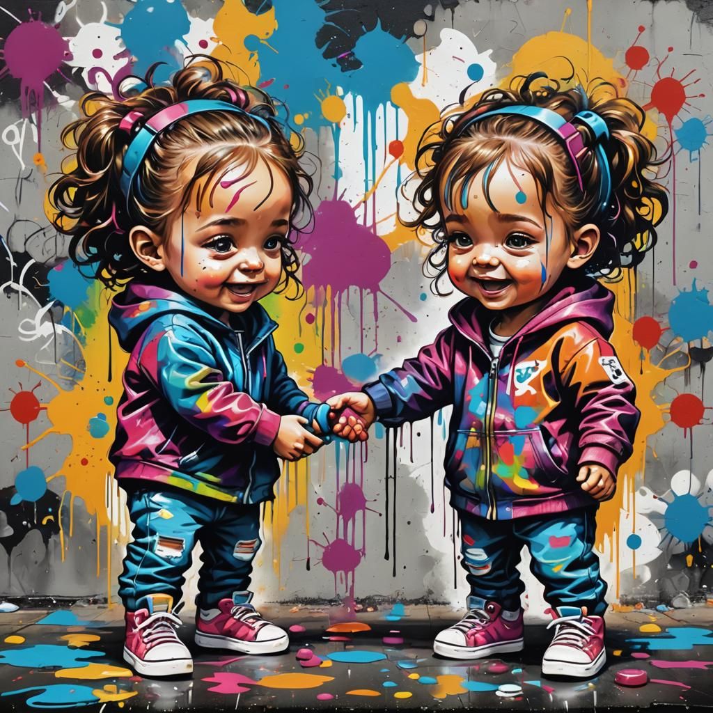 Colorful Graffiti Art: Happy Twins Loving Bond