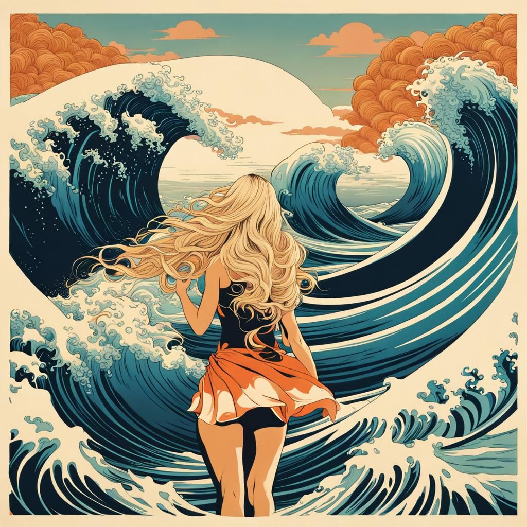 Surfer Girl Rides Epic Wave in Japanese Style