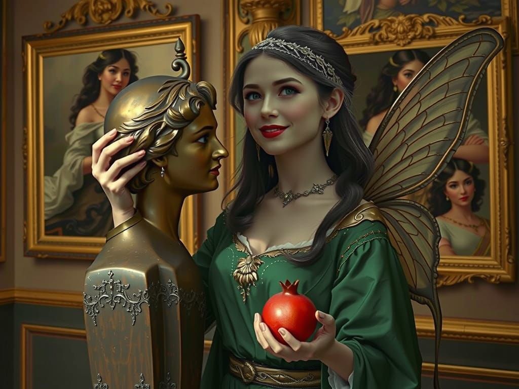 Fairy Woman with Brass Statue in Ornate Room
