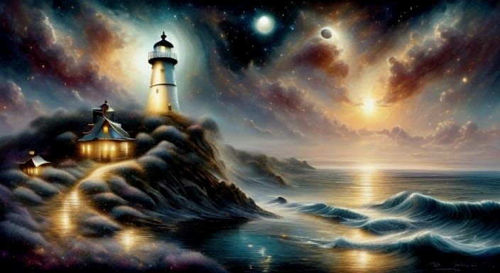 Luminous Seaside Lighthouse Under Moonlight