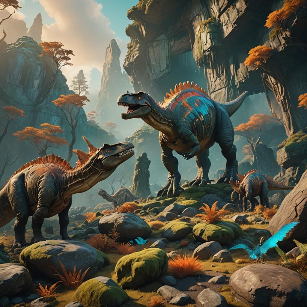 Dinosaur Fossils on Mossy Rocks in Fantasy Landscape