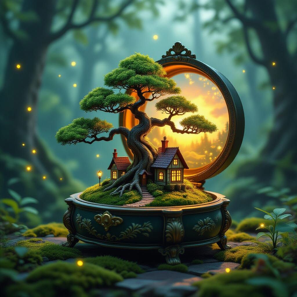Bonsai Forest in Antique Music Box, Matte Painting