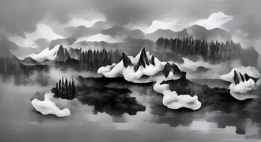 Monochrome Forest Landscape by Misty Lake