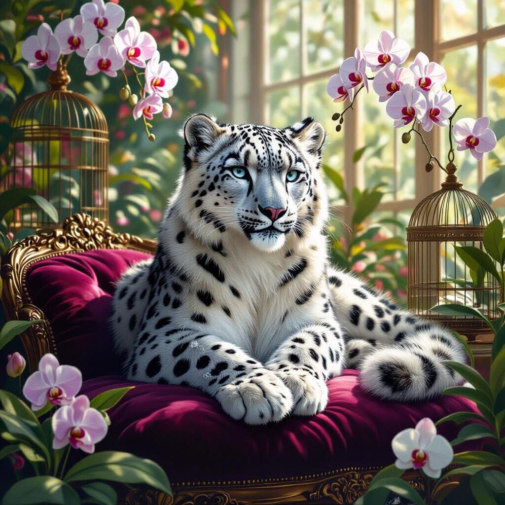 Jeweled Snow Leopard in Sunlit Conservatory