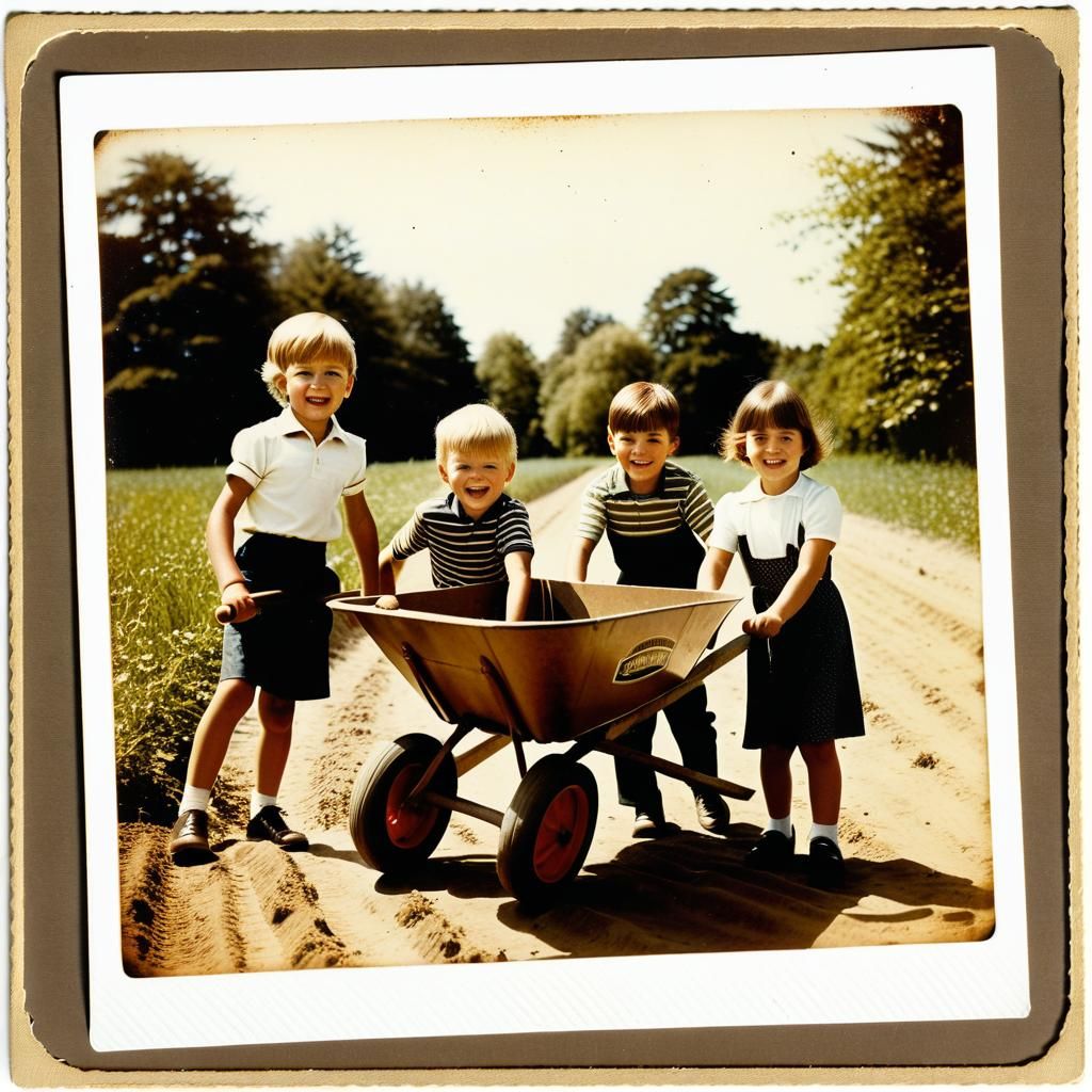 Vintage Instant Photo of Children with Wheelbarrow