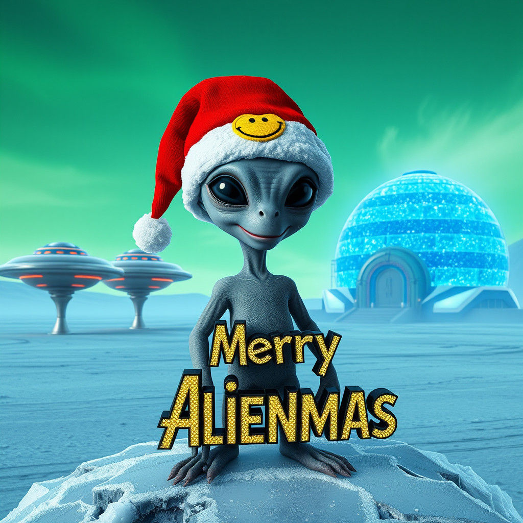 Festive Alien Celebrates Alienmas on a Frosty Plateau