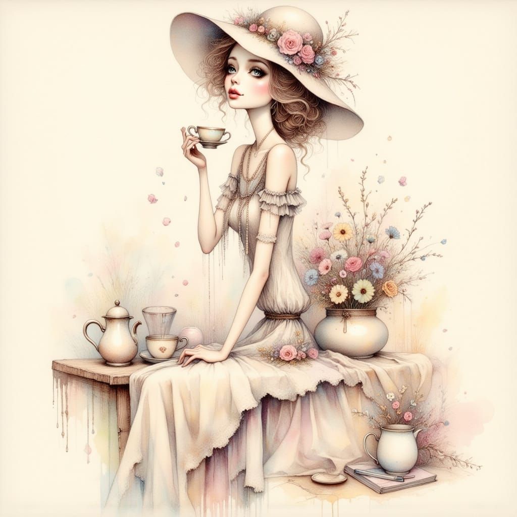 Whimsical Watercolor Lady in Modest Dress