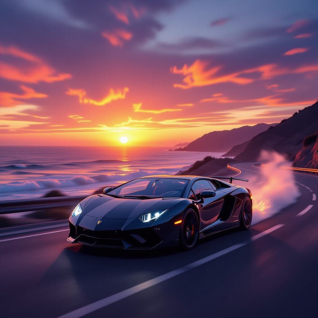 Sleek Black Lamborghini Speeds on Coastal Highway at Sunset