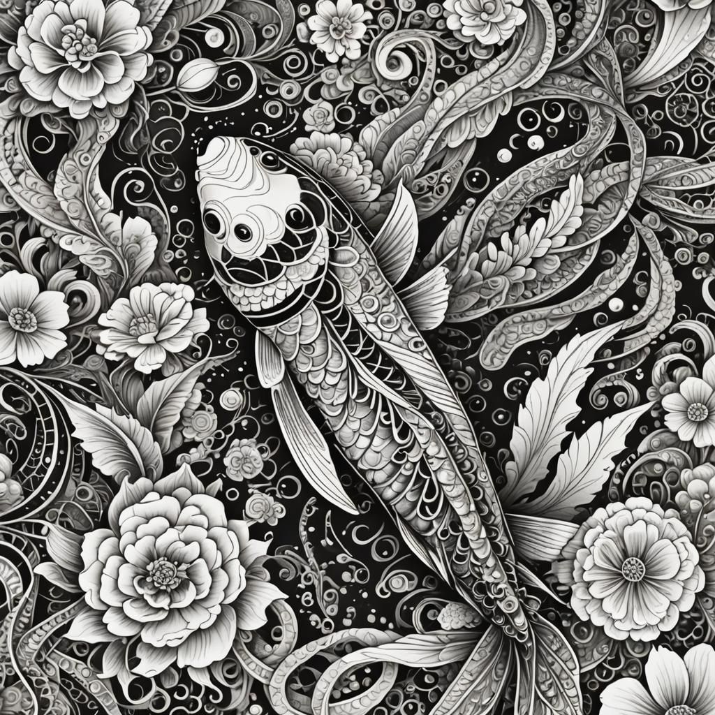 Ornate Zentangle Koi Fish in Black and White