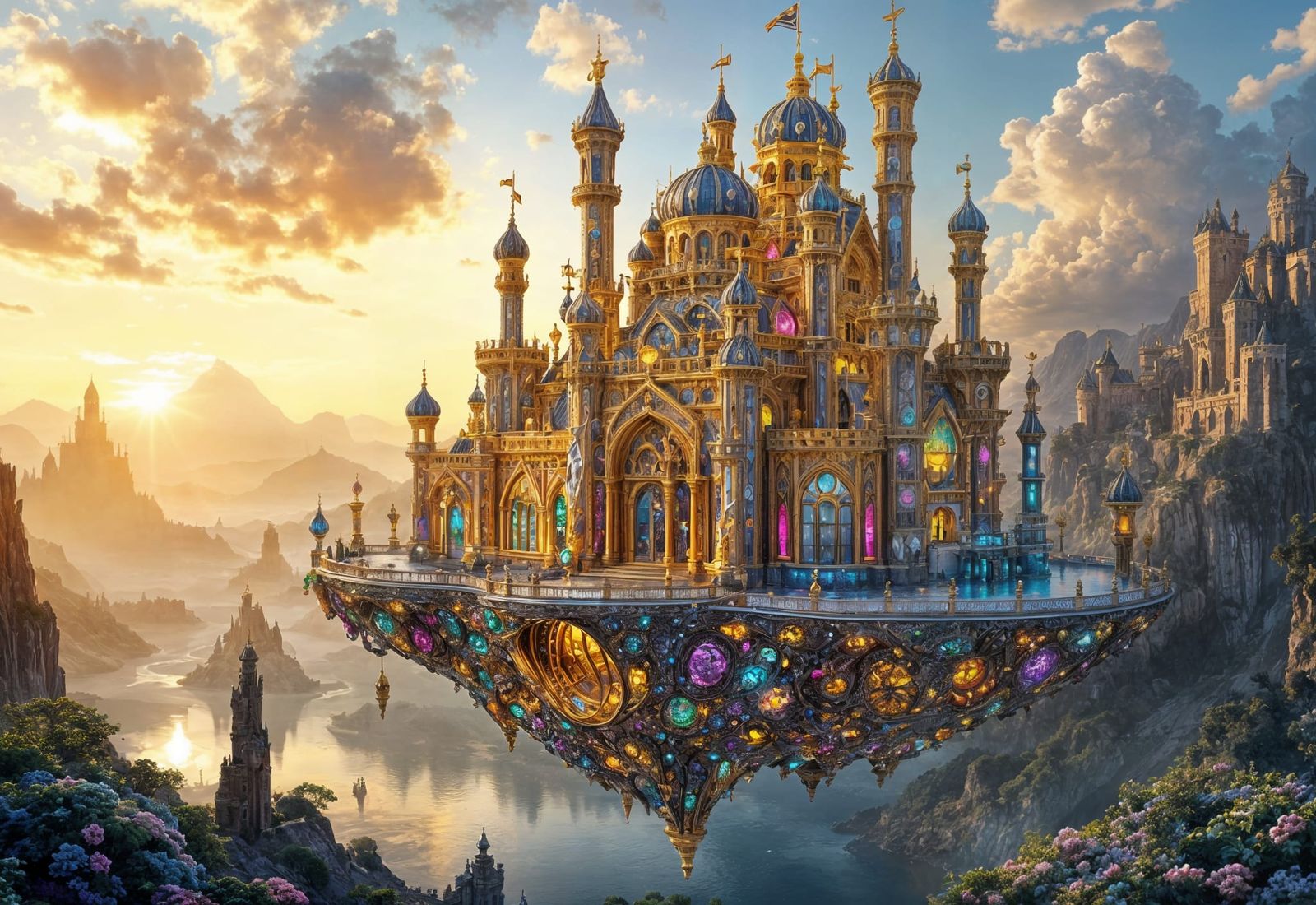 Floating Gemstone Castle Reflecting Evening Sunlight
