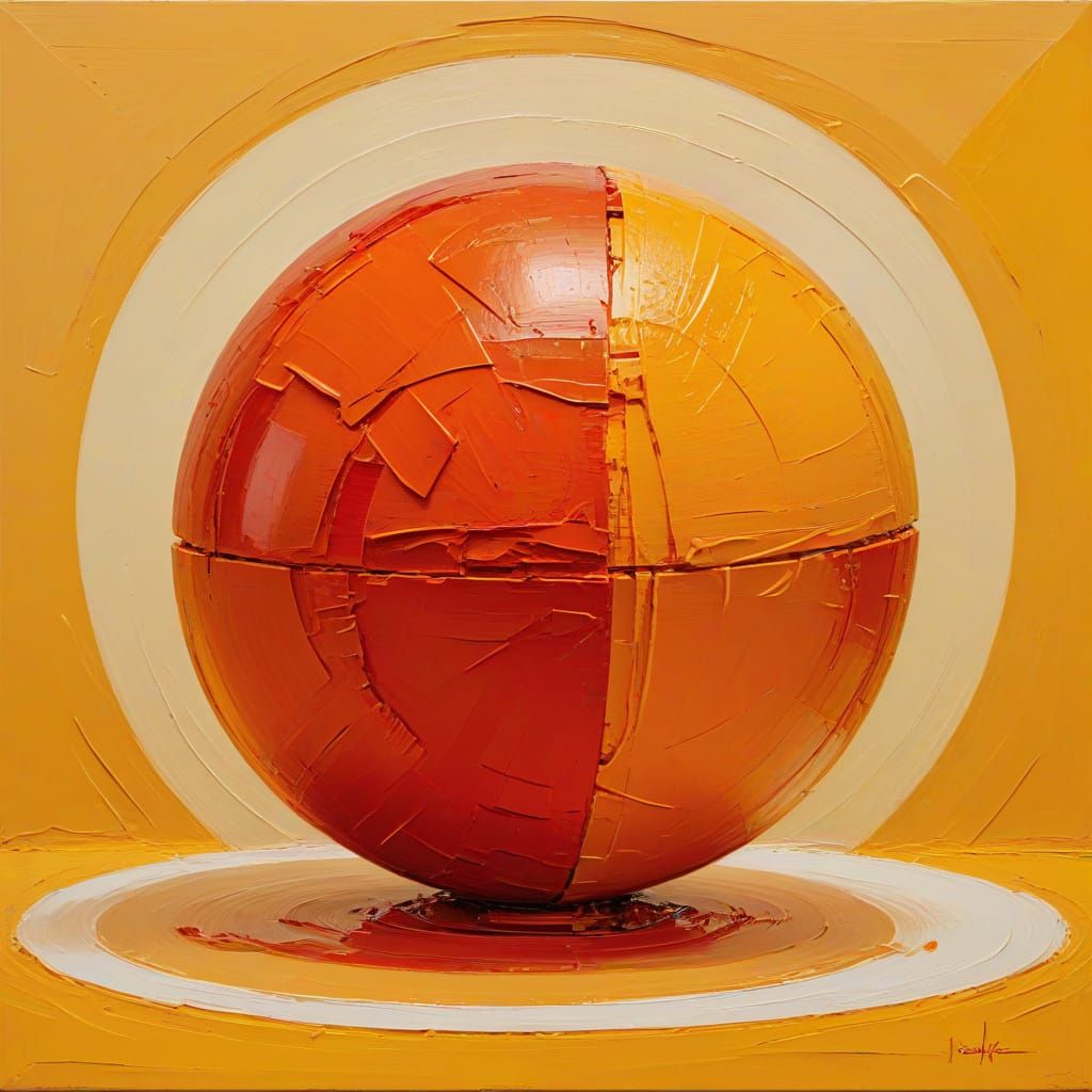 Red Cube in Vibrant Orange Sphere, Impasto Oil Painting