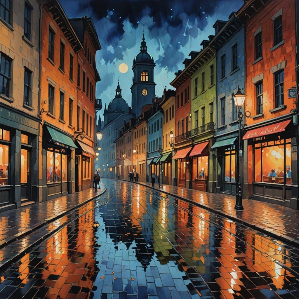 Impressionist Gouache Painting of a Vibrant Old Town at Nigh...