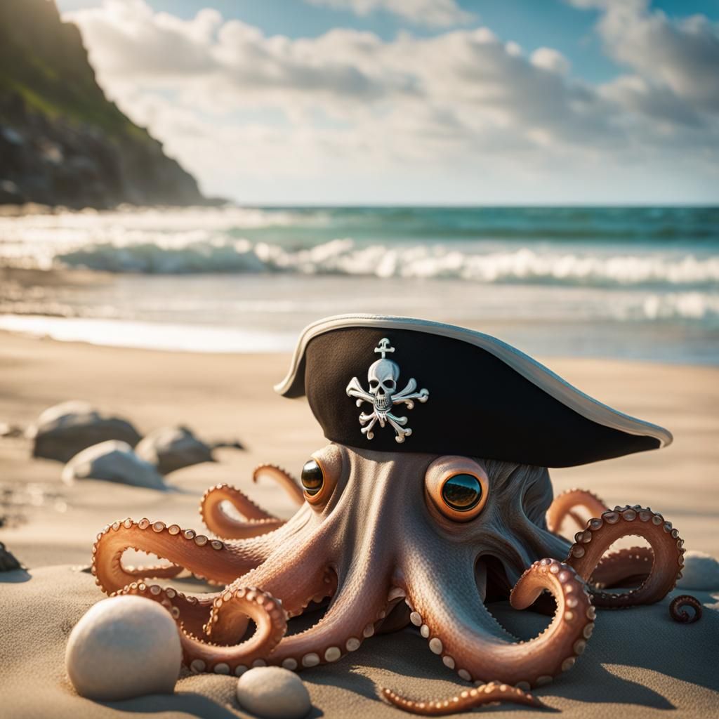 Pirate Octopus Portrait on Rocky Coastline, Digital Art